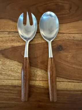 Vintage Dansk Fjord Wood-Handle Stainless Steel Salad Serving Set